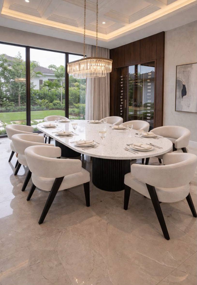 Comedor Cuarzo White con vista al jardín